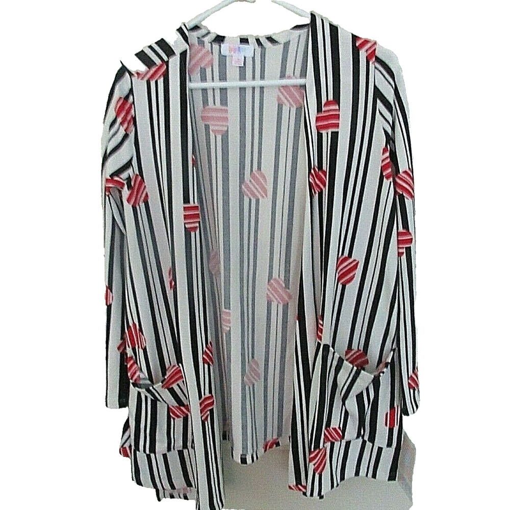 New With Tag LuLaRoe Caroline Cardigan Black & White Stripe Red Hearts W/Small